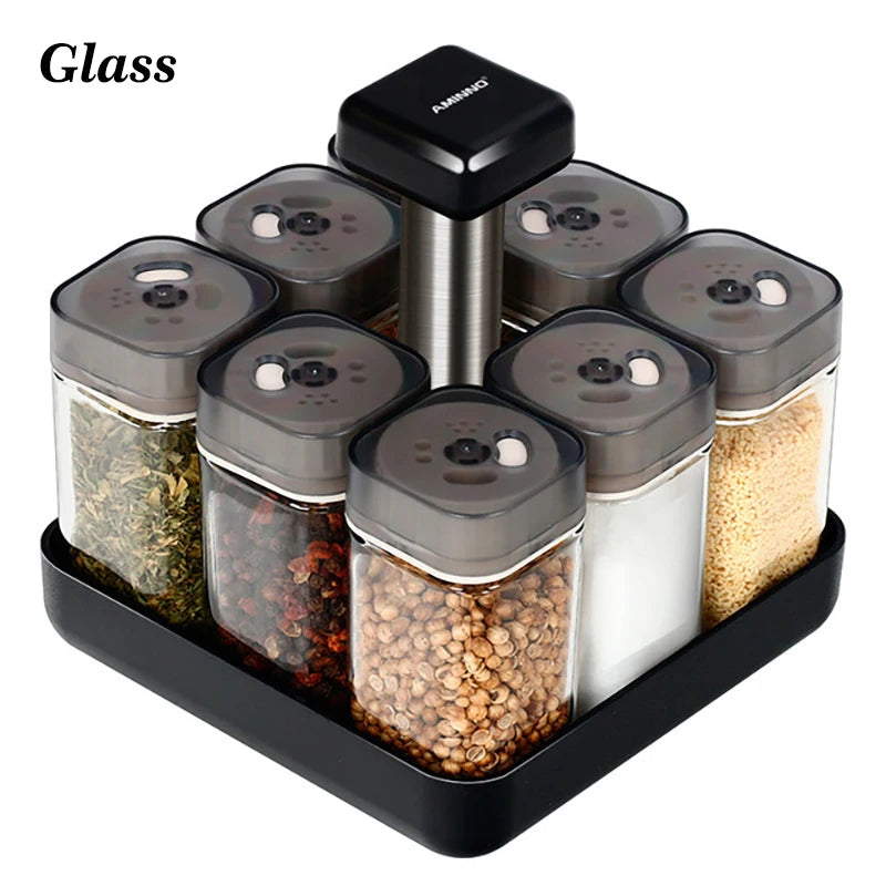 Rotating Cruet Condiment Seasoning Jars Set for Spices Pepper Sprays Bottles Salt Shakers Holder Kitchen Storage Rack Organizer