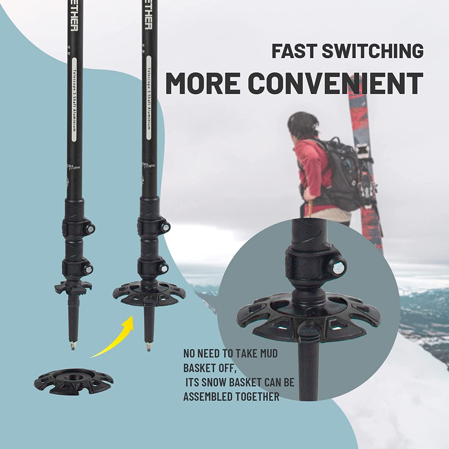 Trekking Hiking Poles Aluminum Hiking Walking Sticks with Quick Adjustable Locks - Comfort Handle - Padded Strap - Snow Baskets Attached-Suitable for Hiking, Walking