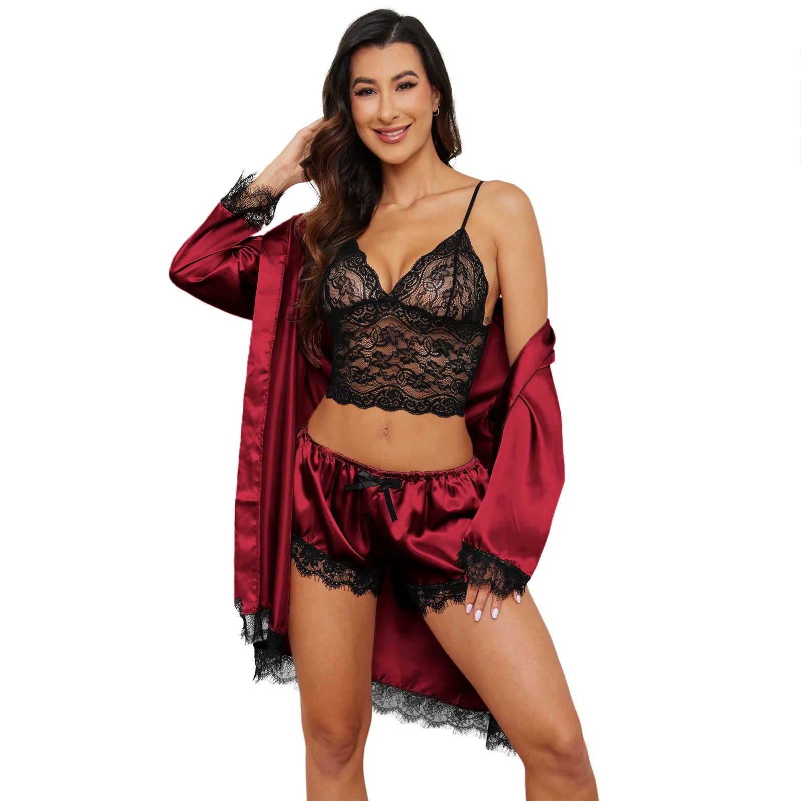 Sexy Lingerie, Silk Satin Pajamas for Women, Womens Summer Pajamas Pjs Sets of 4 Pcs with Floral Lace Top Shorts and Robe, Gift for Women, Burgundy, XXL