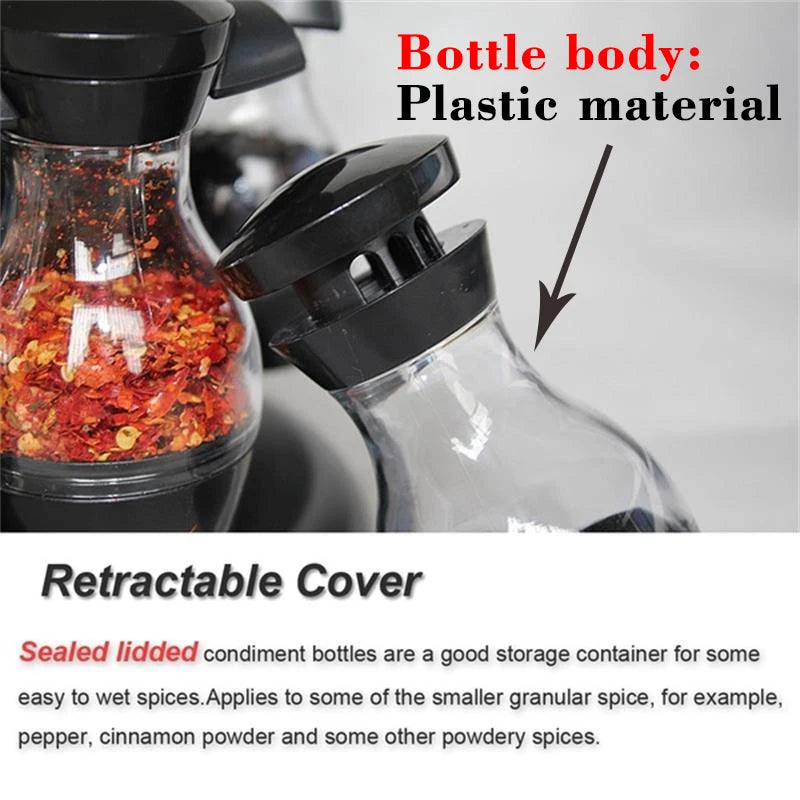 Rotating Cruet Condiment Seasoning Jars Set for Spices Pepper Sprays Bottles Salt Shakers Holder Kitchen Storage Rack Organizer