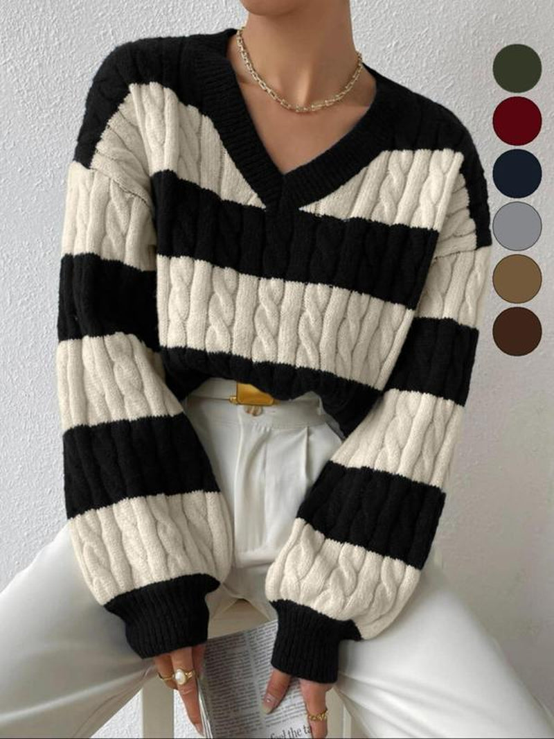 Women'S Simple Striped Print Balloon Sleeve V Neck Cable Knit Sweater, Fall Outfits, Fallfreshness Lady Casual Comfortable Loose Long Sleeve Drop Shoulder Knitted Jumper, Korean Style Knit Vintage Clothing, Womenswear Knitwear for Fall, Preppy 80S Clothes