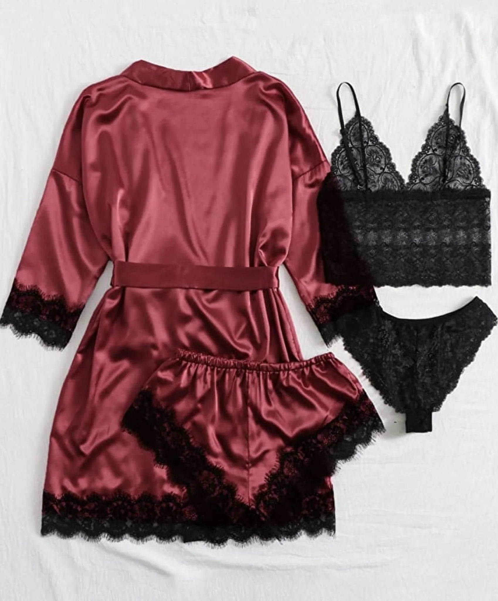 Sexy Lingerie, Silk Satin Pajamas for Women, Womens Summer Pajamas Pjs Sets of 4 Pcs with Floral Lace Top Shorts and Robe, Gift for Women, Burgundy, XXL