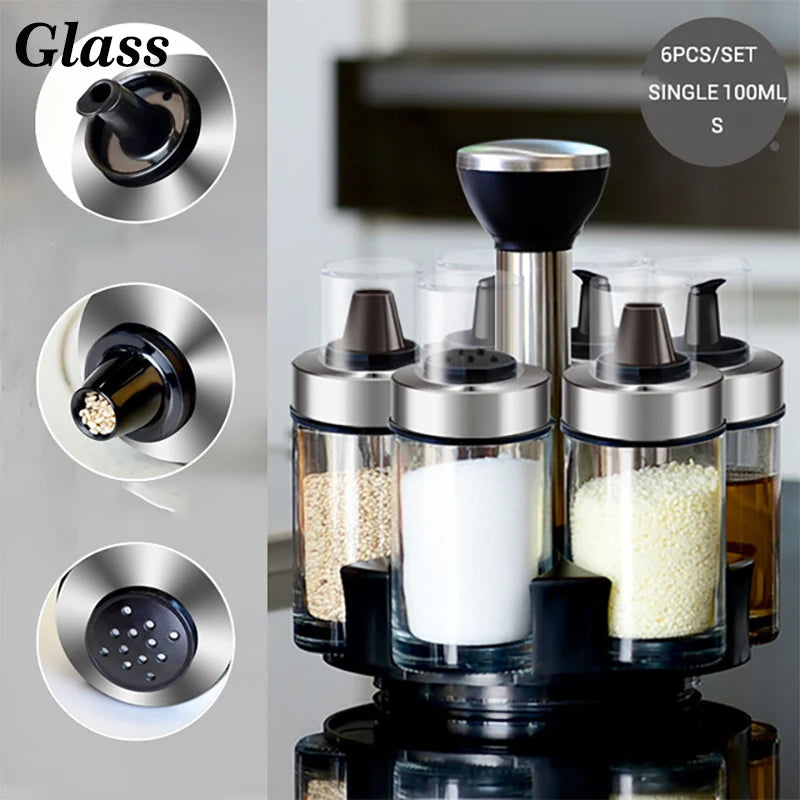 Rotating Cruet Condiment Seasoning Jars Set for Spices Pepper Sprays Bottles Salt Shakers Holder Kitchen Storage Rack Organizer