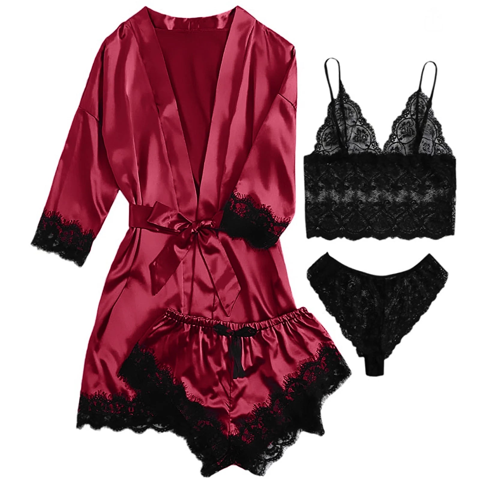 Sexy Lingerie, Silk Satin Pajamas for Women, Womens Summer Pajamas Pjs Sets of 4 Pcs with Floral Lace Top Shorts and Robe, Gift for Women, Burgundy, XXL