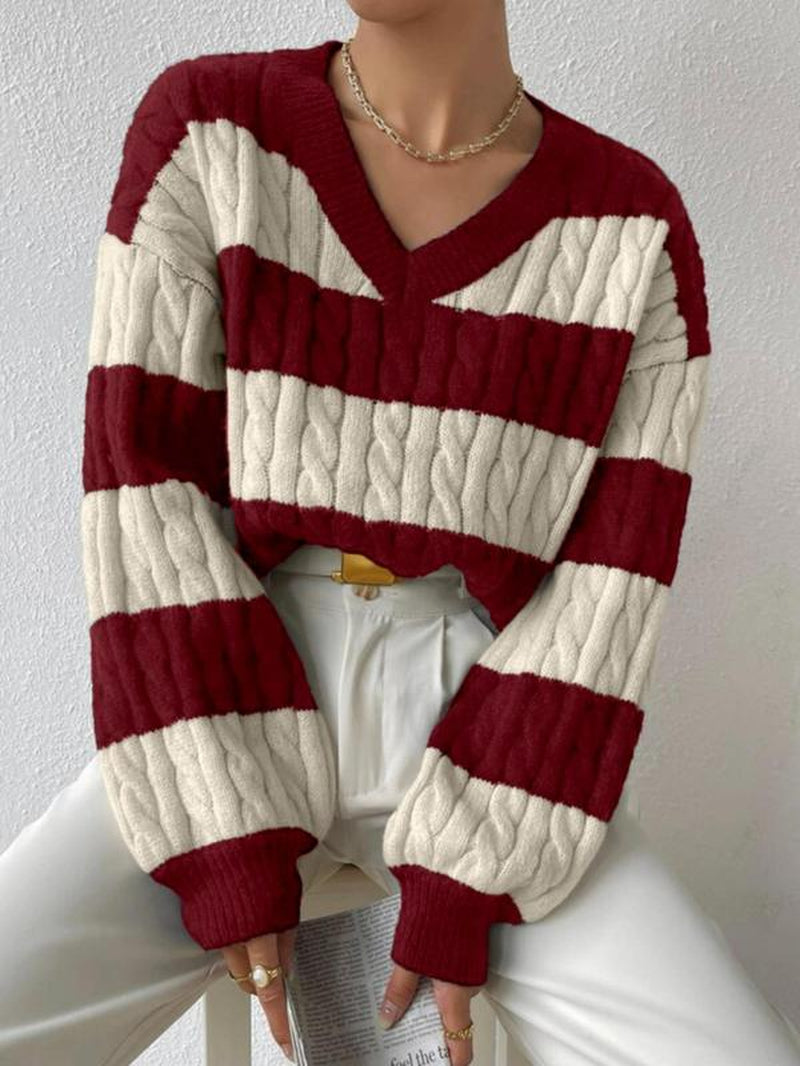 Women'S Simple Striped Print Balloon Sleeve V Neck Cable Knit Sweater, Fall Outfits, Fallfreshness Lady Casual Comfortable Loose Long Sleeve Drop Shoulder Knitted Jumper, Korean Style Knit Vintage Clothing, Womenswear Knitwear for Fall, Preppy 80S Clothes