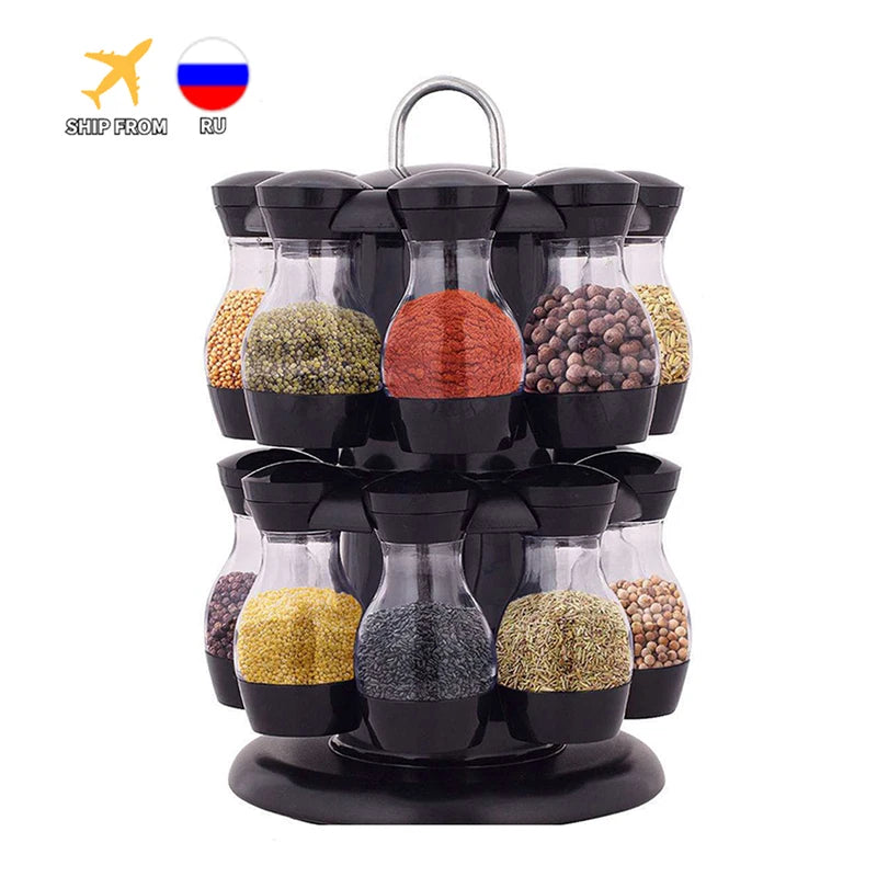 Rotating Cruet Condiment Seasoning Jars Set for Spices Pepper Sprays Bottles Salt Shakers Holder Kitchen Storage Rack Organizer