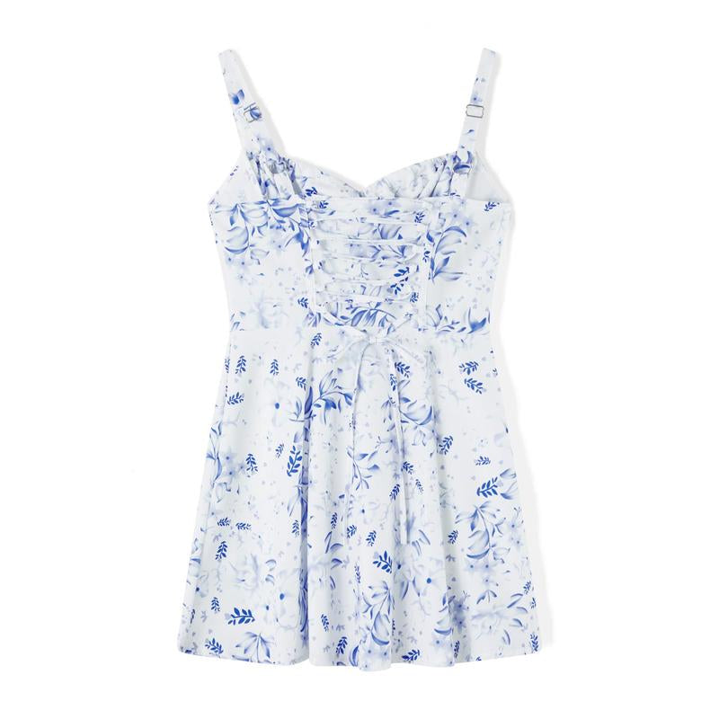 Women Mini Bodycon Dress Flower Print Low Cut Tie-Up Cami Dress