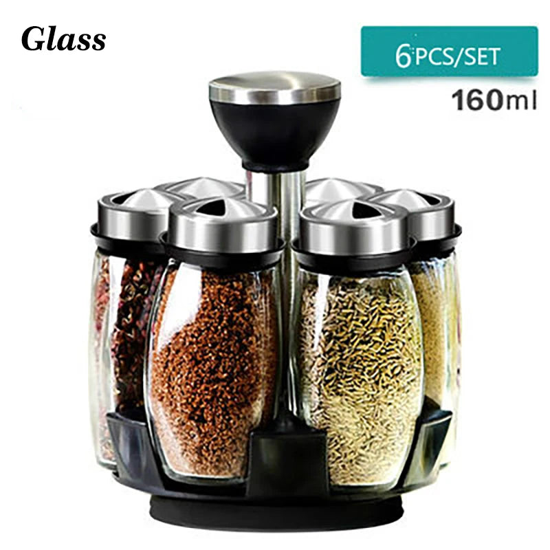Rotating Cruet Condiment Seasoning Jars Set for Spices Pepper Sprays Bottles Salt Shakers Holder Kitchen Storage Rack Organizer