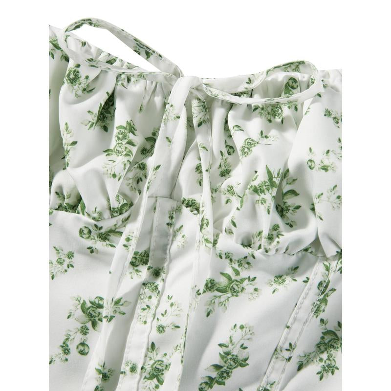 Women Mini Bodycon Dress Flower Print Low Cut Tie-Up Cami Dress