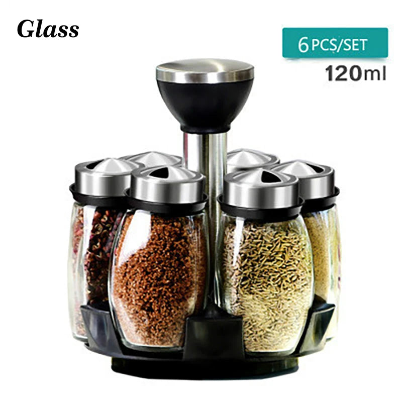 Rotating Cruet Condiment Seasoning Jars Set for Spices Pepper Sprays Bottles Salt Shakers Holder Kitchen Storage Rack Organizer