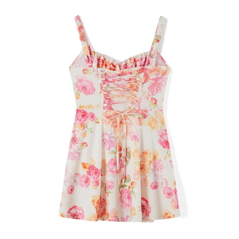 Women Mini Bodycon Dress Flower Print Low Cut Tie-Up Cami Dress