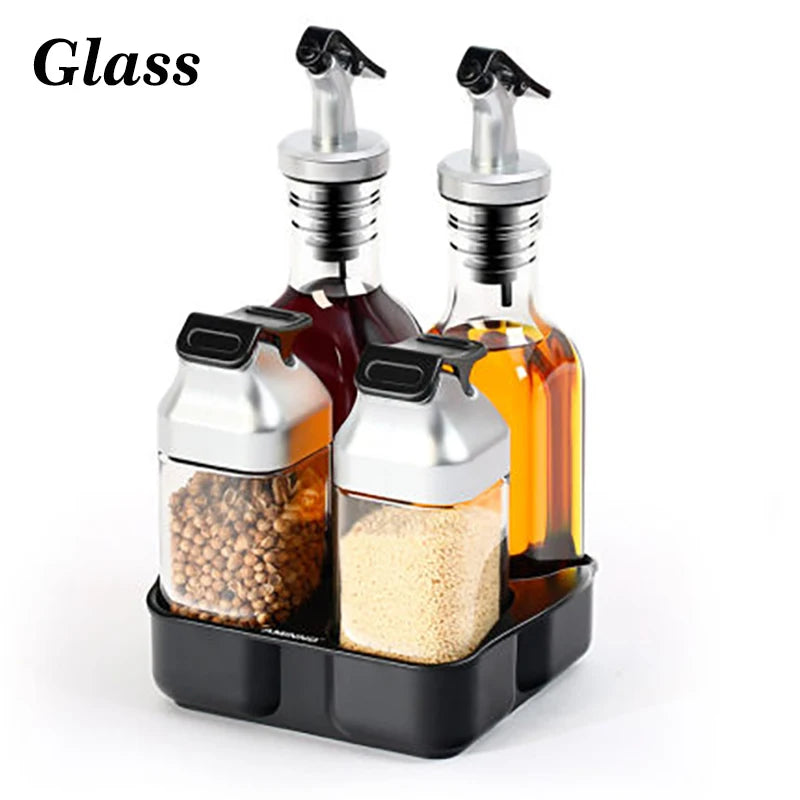 Rotating Cruet Condiment Seasoning Jars Set for Spices Pepper Sprays Bottles Salt Shakers Holder Kitchen Storage Rack Organizer